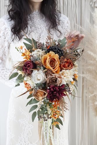 12 Inch Cascade Wedding Bouquets for Bride, Fall Burnt Orange Cascading Bridal Bouquet for Wedding Silk Artificial Flowers - color: Burnt Orange