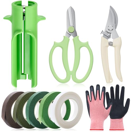 9 Pcs Rose Thorn Remover Set Include 1 Flower Thorn Stripper Tool 5 Floral Tape 1 Flower Scissor 1 Curve Gardening Scissors 1 Pair Gardening Gloves for Valentine Women Mother Gift (Green) - color: Green