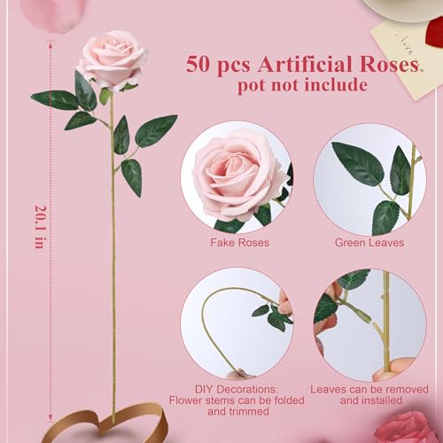 50 PCS Roses Artificial Flowers, Fake Roses with Stem Realistic Blush Silk Rose for DIY Wedding Bouquets Table Centerpieces Arrangements Baby Shower Birthday Home Decor Valentines Day Gift for Her - color: Blush