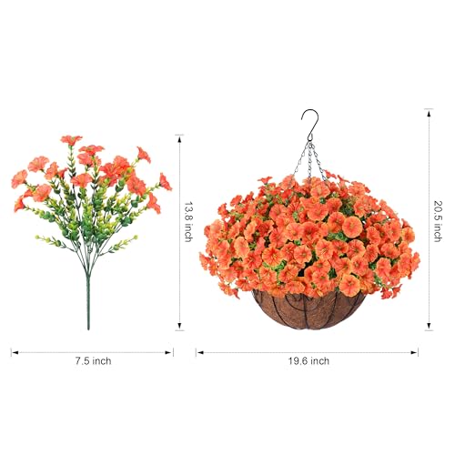 Artificial Faux Hanging Flowers Plants Basket for Outdoors, 12 Bundles UV Resistant Faux Outside Silk Morning Glory for Planter Realistic Artificial Flowers for Outdoor Porch Garden Patio, Orange - color: Orange