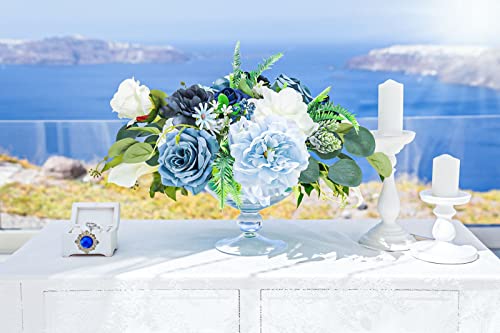 Artificial Flowers Combo Box Set,Silk Fake Flowers Roses Bridal Bouquets Out/Indoor DIY Centerpieces White Flowers for Decoration Arrangements Party Baby Shower Home Cake Decor (White&Blue) - color: White&blue