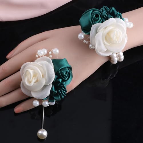 Wedding Prom Party Satin Rose Wrist Corsage Flower, 2Pcs Boutonniere and Wrist Corsage Wristband Roses Prom Flower Wedding Flowers Accessories Prom Suit Decorations (Dark Green) - color: Dark Green