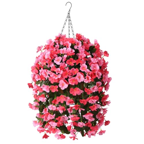 INQCMY Artificial Hanging Flowers Basket for Outdoors Spring Summer Decoration,Faux Silk Begonia in Planter Look Real UV Resistant for Outside Home Porch Patio Garden Balcony Yard Decor（Deep Pink） - color: Deep Pink