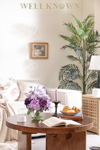 Artificial Flowers in Vase for Home Decor, Fake Lavender & Silk Peony Rose Bouquet Centerpieces in Glass Vase with Fake Water for Party Wedding Dinning Table Office Hotel Decor (Lavender Purple Mixed) - color: Lavender Mixed