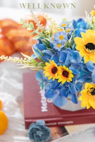 WELL KNOWN Small Fake Flowers in Plastic Vase 7" Centerpieces Coffee Table Decor, Silk Sunflower Arrangement for Home Decor Artificial Flower Bouquet for Dining Room Kitchen Wedding Summer Yellow Blue - color: Sunflowers & Blue