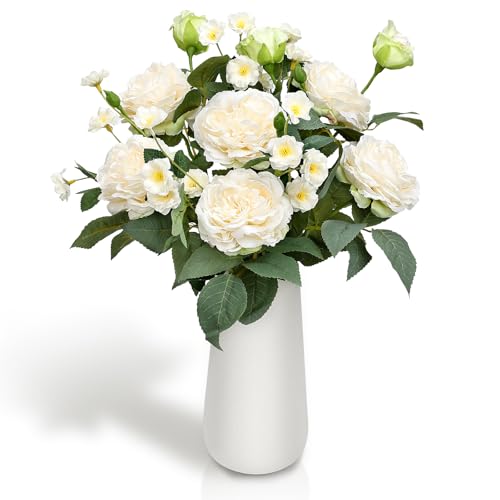 Artificial Flowers in Vase, Fake Roses Peonies Flower Bouquet with Ceramic Vase Floral Arrangements for Dining Table Centerpieces Living Room Indoor Decor - Ivory White - color: Ivory