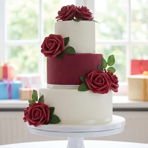 50 PCS Burgundy Foam Rose Stemless Artificial Flower Head Bulk 2.75in Mini Fake Simulated Eternal Flores Roses Flower for DIY Craft Bridal Bouquets Centerpieces Arrangement Home Decoration - color: Burgundy