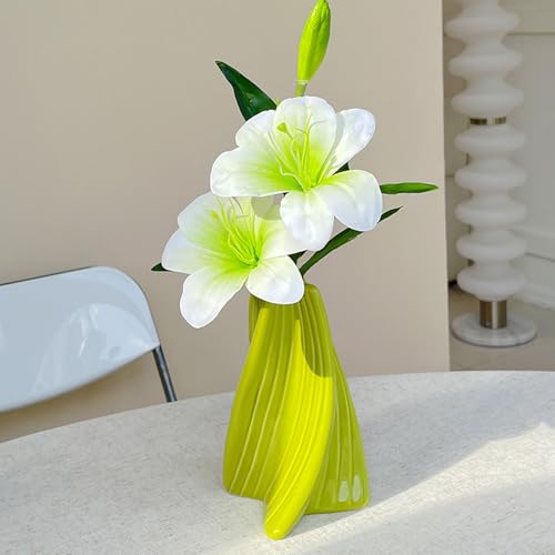 Twisted Dopamine Plastic Vase with Fake Artificial Lily Flowers，Modern Vibrant Decorative Vase for Home Living Room Coffee Dining Table Bookshelf Shelf Console Bedroom(Green) - color: Green