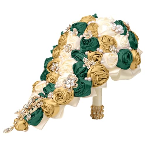 Handmade Satin Rose Water Drop Bridal Bouquet,8.7inch Crystal Wedding Round Tossing Bouquet,Jewelry Proposal Bridesmaid Bouquet Groom Corsage Bride Wrist Flower ivory (07#Ivory Darkgreen Gold) - color: 07#ivory Darkgreen Gold