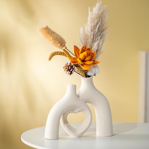 Liotww Snuggle Hollow Hug Donut Ceramic Vase, 8.3 Inch Modern Nordic Boho Style Aesthetic Decorative Flower Vases for Home Decor Pottery Barn Dining Living Room Table Shelf (Milky White) - color: Heart - Beige