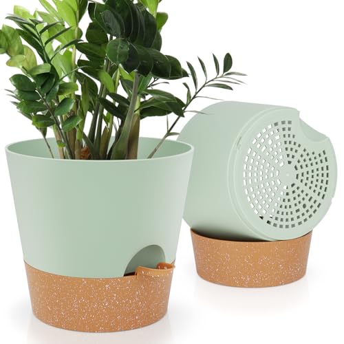 YNNICO 10-Inch Plant Pots, Self-Watering Planters with Drainage Holes & Saucers for Indoor and Outdoor Plants (2-Pack, Green) - color: Green, size: 10 inch
