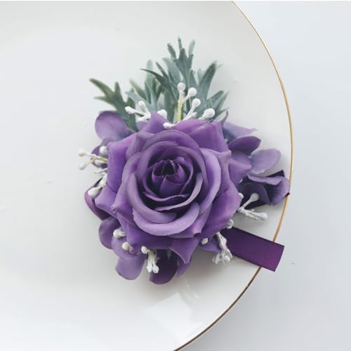 MAFELOE 2 Pieces Boutonniere Wrist Corsage Set, Artificial Rose Flowers Men Women Bride Groom Wedding Prom Party Suit Decor - Dark Purple