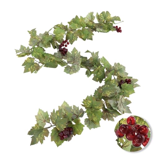 Artificial Grape Vine Leaf Garland Plant with 5 Strings Grapes, 6.5ft Artificial Fake Grape Vines Fake Greenery for Wedding Party Home Indoor Outdoors Decoration - color: Summer Grape Leaf-1pc