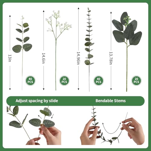 120 Pcs Mixed Artificial Eucalyptus Leaves Stems Bulk,Baby Breath Artificial Flowers Bulk with Eucalyptus Leaves Greenery Stems for DIY Bouquets Wedding Floral Home Decor (Green-120pcs) - color: Green-120pcs