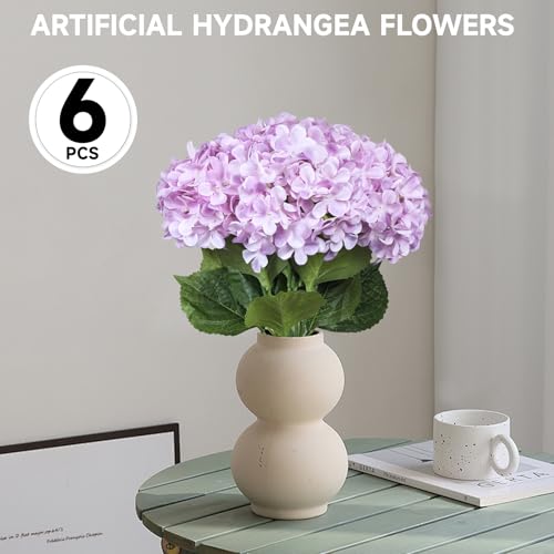 6 PCS Artificial Hydrangea Flowers, Faux Silk Hydrangea with Long Stems, Home Wedding Decor, Table Centerpieces, Party Decorations(Light Purple) - color: Light Purple