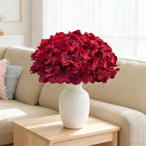 100 Pcs Faux Deep Red Hydrangea Artificial Flowers Bulk, Fake Silk Hydrangea Flowers Heads with Stems for Wedding Decorations Garden Party Baby Shower Porch Home Decor Table Centerpieces - color: Deep Red, size: 100 Pcs