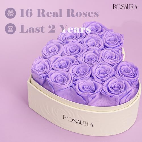 Rosaura Heart-Shaped Preserved Roses Gift Box - Real Forever Flowers for Christmas, Birthday, Valentine's & Mother's Day (Light Purple, 16 roses) - color: Light Purple, size: 16 roses