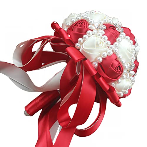 USIX Handcraft Popular Satin Rose Rhinestone Brooch Flower Pearl Bridal Holding Wedding Bouquet Wedding Flower Arrangements Bridesmaid Bouquet(Dark Red+Ivory) - color: Dark Red+ivory