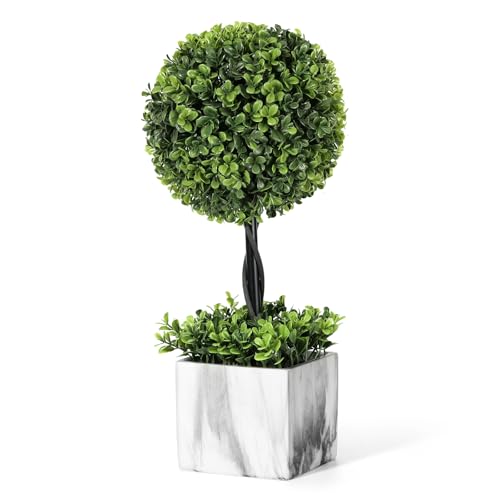 Lewondr 16'' Artificial Topiary Ball Tree, Small Potted Fake Plants, Artificial Boxwood Plants with White Planter Pot, Outdoor Indoor Realistic Faux Shrubs Tree for Home Office Porch Decor, Set of 1 - size: 1 Pack