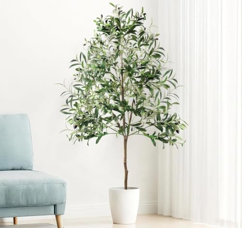 Olive Trees Artificial Indoor, 6FT Faux Olive Tree with Black Planter, Tall Fake Tree with Artificial Moss Natural Trunk Realistic Fruits for Home Office Decor Indoor