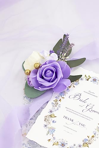 Ansofi Lavender Purple Corsage and Boutonniere Set, Prom Artificial Flower Wrist Corsage Bracelets, Homecoming Wristlet, Boutonniere for Men Wedding Flowers Accessories Prom Suit Decorations