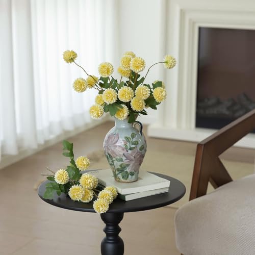 mizii 6Pcs Yellow Fake Silk Pompon Mum Artificial Flowers Bulk Small Faux Chrysanthemums with Stems Realistic Floral Decorations for Wedding DIY Bouquet Centerpieces Shower Vase Home Decor (Yellow) - color: Yellow