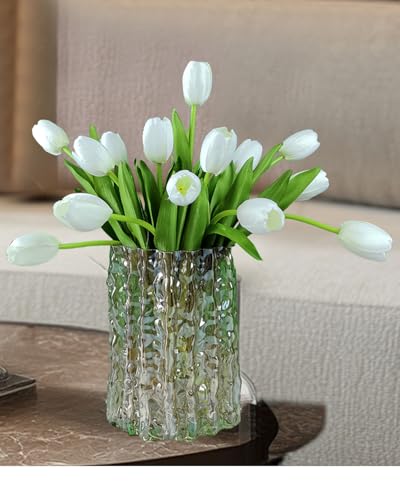 12pcs White Artificial Tulips Silk Faux Flowers Real Touch for Wedding Bouquet, Home Decor, Party Centerpiece, Table Decor, Mother's Day Easter Spring Gifts - color: White
