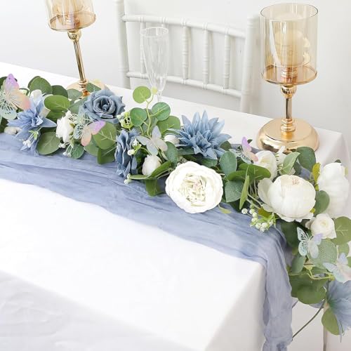 Eucalyptus Garland with Flowers - 1 Pack 5.9 FT Artificial Flower Garland with Butterflies Faux Rose Greenery Garlands for Backdrop Wedding Arch Centerpieces Decorations - Dusty Blue & White - color: Dusty Blue & White, size: 1 Pack