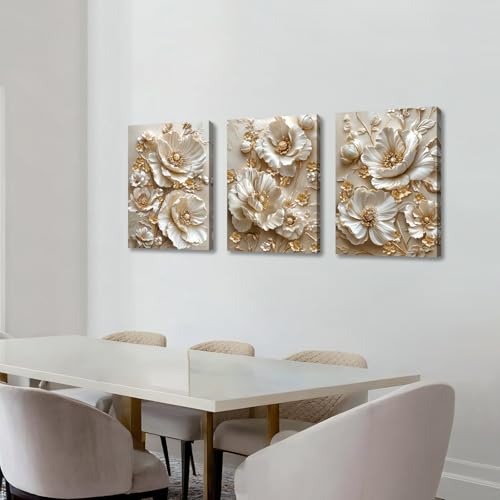3 Pcs Modern Beige Gold Peony Floral Canvas Wall Art, Neutral Elegant 3d Beige Flowers Wall Painting White Blooming Floral Pictures Posters Art Print Home Decor for Bedroom Living Room Office 20"x28"x3 - color: Flower-gold peony, size: 20"x28"x3Pcs