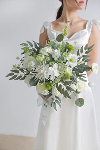 White Artificial Flower Box Set Silk Fake Flowers for DIY Centerpieces Cake Decorations, Wedding Bouquets, Boutonnieres, Home Decor (White Green) - color: White Green