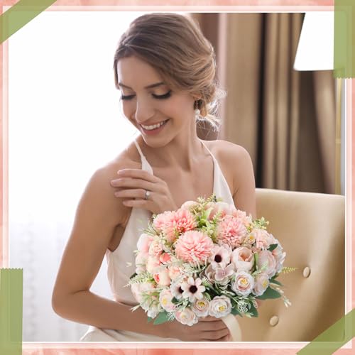 Tigeen 6 Bundles Artificial Bouquet Flowers Artificial Peonies Faux Roses Silk Flowers Hydrangea Bouquet for Wedding Table Centerpiece Floral Vase Decor (Pink) - color: Pink