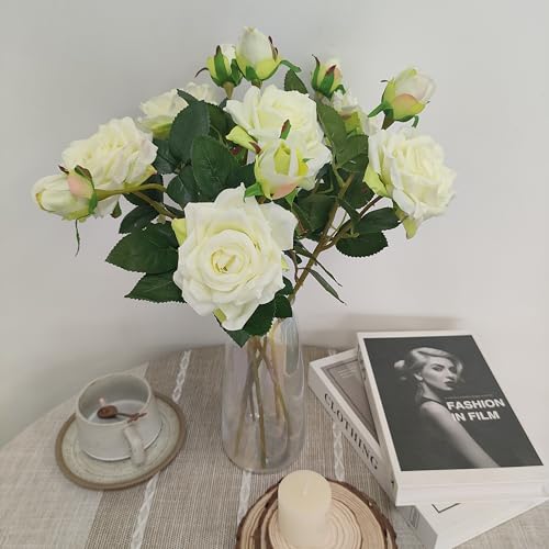 ATFL Ivory White Flowers, Ivory Roses,6 Pcs Faux Silk Real Touch Moisturizing Artificial Rose Flowers for Decoration DIY, Wedding Party, Home Office Decoration and Dining Table Centerpiece (6, White) - color: White