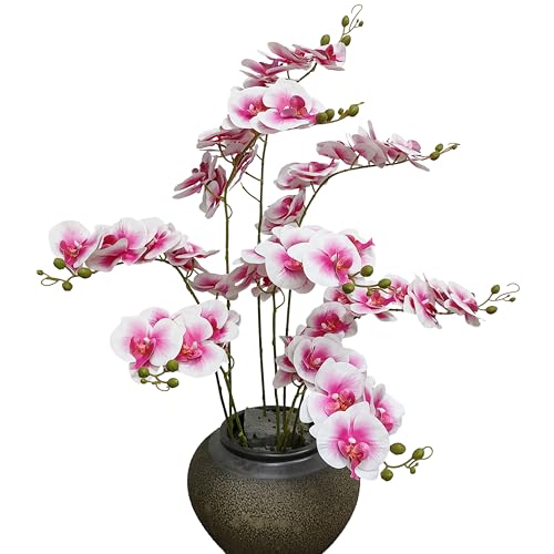 ATFL 8 Pcs 32'' Pink and White Edge Orchid Artificial Flowers Real Touch, Artificial Fake Faux Silk Orchid Stem Bouquets for Wedding Party Home Garden Decor (excluding the Pot) - color: Pink+white Edge