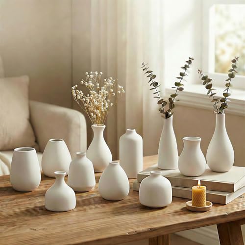 White Bud Vases, Small Ceramic Vase Set of 11, Mini Pottery Vases for Flowers, Minimalist Boho Small Pampas Grass Flower Vase for Farmhouse Home Decor, Wedding Centerpiece, Shelf and Table Decoration - color: White – 11-piece Set
