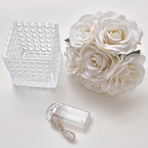 Fule Artificial Silk Rose Flower Centerpiece Arrangement in Glass Vase with LED Light for Home Wedding Decoration (Ivory) - color: Ivory