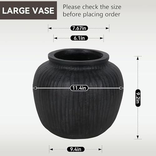 Oakrain Large Rustic Vase with Vertical Ribbed Texture, 11" Vintage Black Round Vase, Decorative Planter for Indoor, Table Centerpieces, Distressed Decor - color: Matte Black, size: 11" Dia