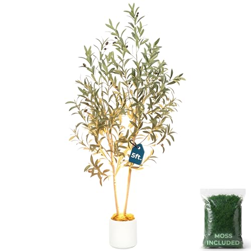 5ft (150 cm) Artificial Olive Tree with White Pot, Moss & USB LED – 711 Leaves, 40 Olives, Realistic Fake Indoor Potted Plant for Home, Bedroom, Office & Living Room Decor - size: 5ft (150 cm)