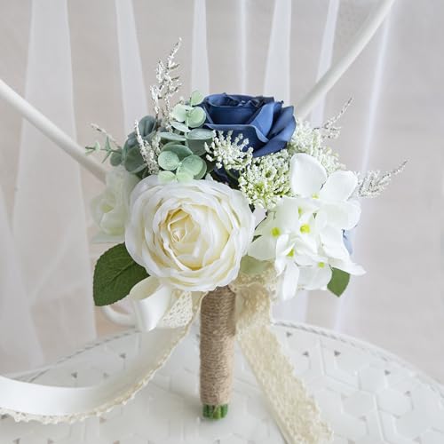 Wedding Bouquets for Bride Bridesmaid, Artificial Dusty Blue Bride Flower Bouquet for Wedding Church Decoration Ceremony, Anniversary, etc, Roses Flowers - color: Dusty Blue & Ivory & Navy Blue