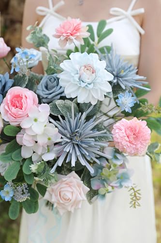 Blue Pink Artificial Flowers Set - Fake Roses, Peonies, Silk Flowers with Stems for DIY Wedding Bouquets,Floral Arrangement,Table Centerpieces,Baby Shower, Home Decor - color: Blue&pink