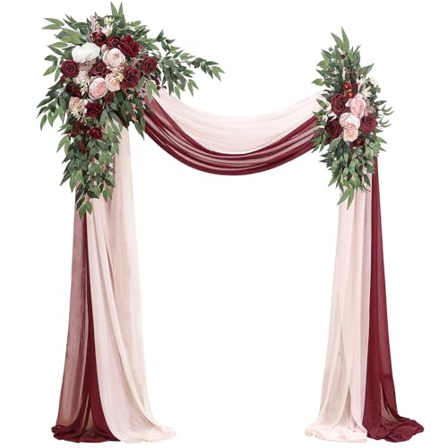 Floroom Arch Flowers with Drapes Kit (Pack of 4) - 2pcs Artificial Burgundy & Blush Floral Swag Arrangement with 2pcs Draping Fabric for Wedding Ceremony Arbor and Reception Backdrop Decoration - color: Marsala & Blush
