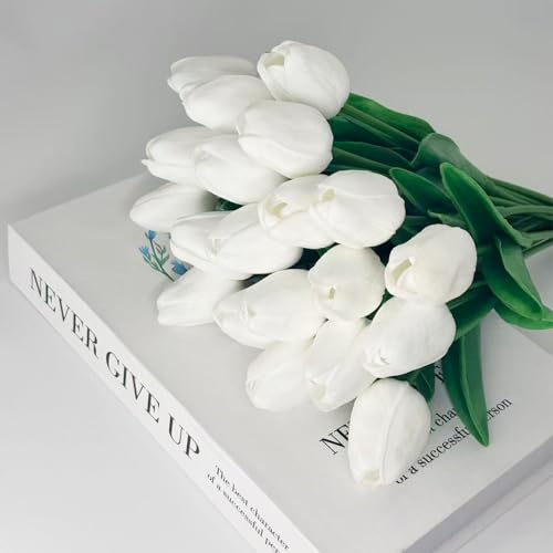 20 Pcs Tulips Artificial Flowers, 13.5'' Real Touch PU Fake Flowers Bouquet for Home Party, Spring Wedding Floral Arrangement, Valentine's, Easter and Mother's Day Decor (White) - color: White