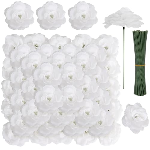 LELEE 108pcs White Roses Head Flowers with Stem - Artificial Flowers Rose Bulk - Silk Rose Fake Flower for Wedding Bouquet Party Home Decor DIY Baby Shower Centerpieces Tables Decoration - color: White