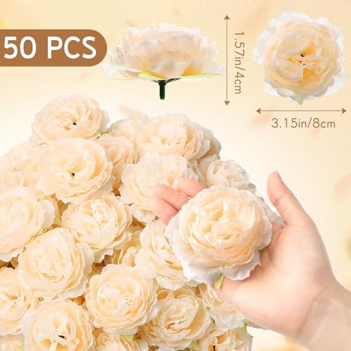 Thiccywoov 50 Pcs Artificial Flowers, 3.2 Inches Silk Rose Head Flowers Fake No Stem for Wedding Bridal Bouquet Home Floral Decor DIY Centerpieces Arrangements Party Tables Decoration(Champagne) - color: Champagne