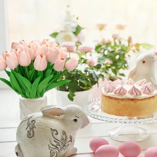 28pcs Light Pink Flowers Artificial Tulip Stems Real Feel PU Tulips for Easter Spring Wreath Wedding Bouquet Centerpiece Floral Arrangement Cemetery Table Décor 13" Tall - color: Light Pink