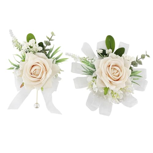 Champagne Corsage and Boutonniere Set, Corsage Wristlet for Women and Boutonniere for Wedding Prom Homecoming, Artificial Rose Flowers Boutonniere and Wrist Corsage - color: Champagne