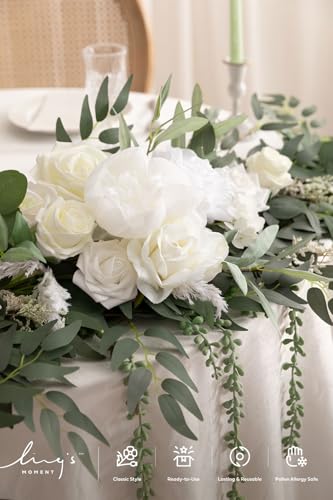 Ling's moment 9FT Spring Flower Garland for Backdrop Decorations - Wedding Arch Flowers, Eucalyptus & Rose, Artificial Floral Garland for Mantel - Sweetheart Table Decor for Reception, White & Sage - color: Wht-sage Green