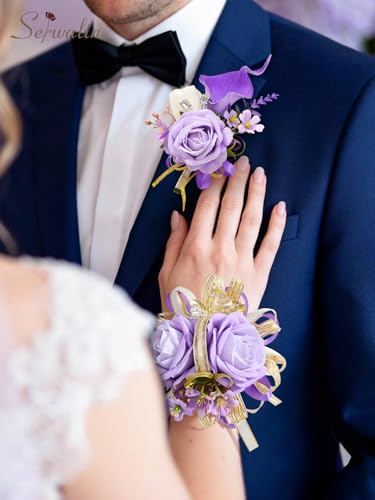 Serwalin Prom Corsage and Boutonniere Set Purple, Prom Flower Wrist Corsage Wristlet for Homecoming, Formal Dance, Wedding Flowers Lavender Accessories Party Suit Decorations - color: Purple