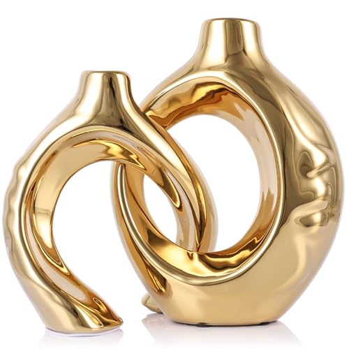 LCCCK Gold Ceramic Vases for Home Decor, Boho Vase for Flowers Pampas Grass Decorative, Hollow Donut Small Vase for Living Room Table Wedding Centerpiece Modern Vases (Gold) - color: Gold