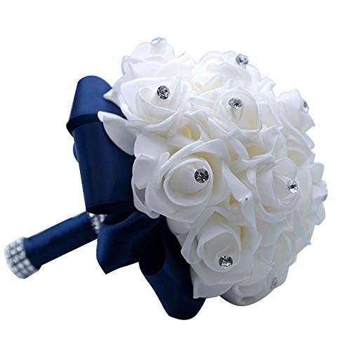 MOJUN Wedding Bouquets Crystal PE Roses Bridal Bridesmaid Wedding Hand Holding Bouquet Artificial Fake Flowers Toss Bouquet, Navy - color: Navy