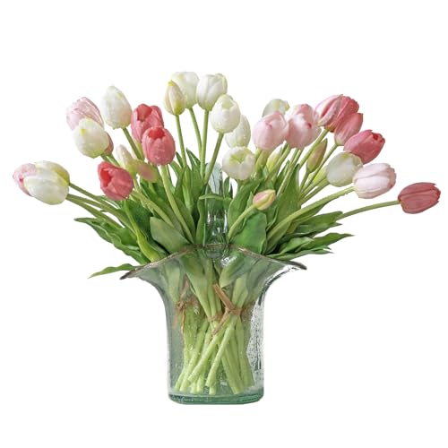 DUYONE 40Pcs Artificial Tulips Flowers, Soft Touch Realistic Latex Tulips Bouquet for Home Office Wedding Party Garden Decor, Fake Flowers for Centerpieces Dining Table Living Room Spring(White Set) - color: A Style-40pcs White Set(no Vase)